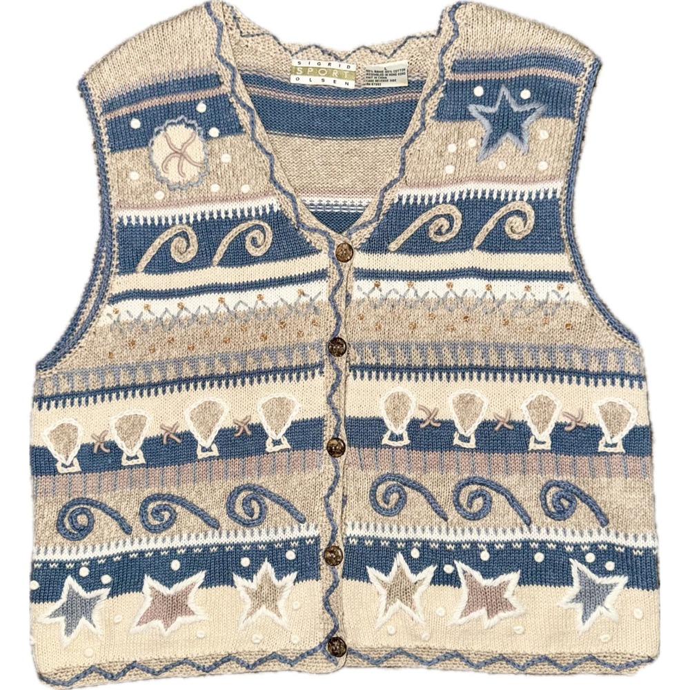 Sigrid Olsen Sport Sweater Vest Large Blue Tan Vintage Embroidered Nautical Knit